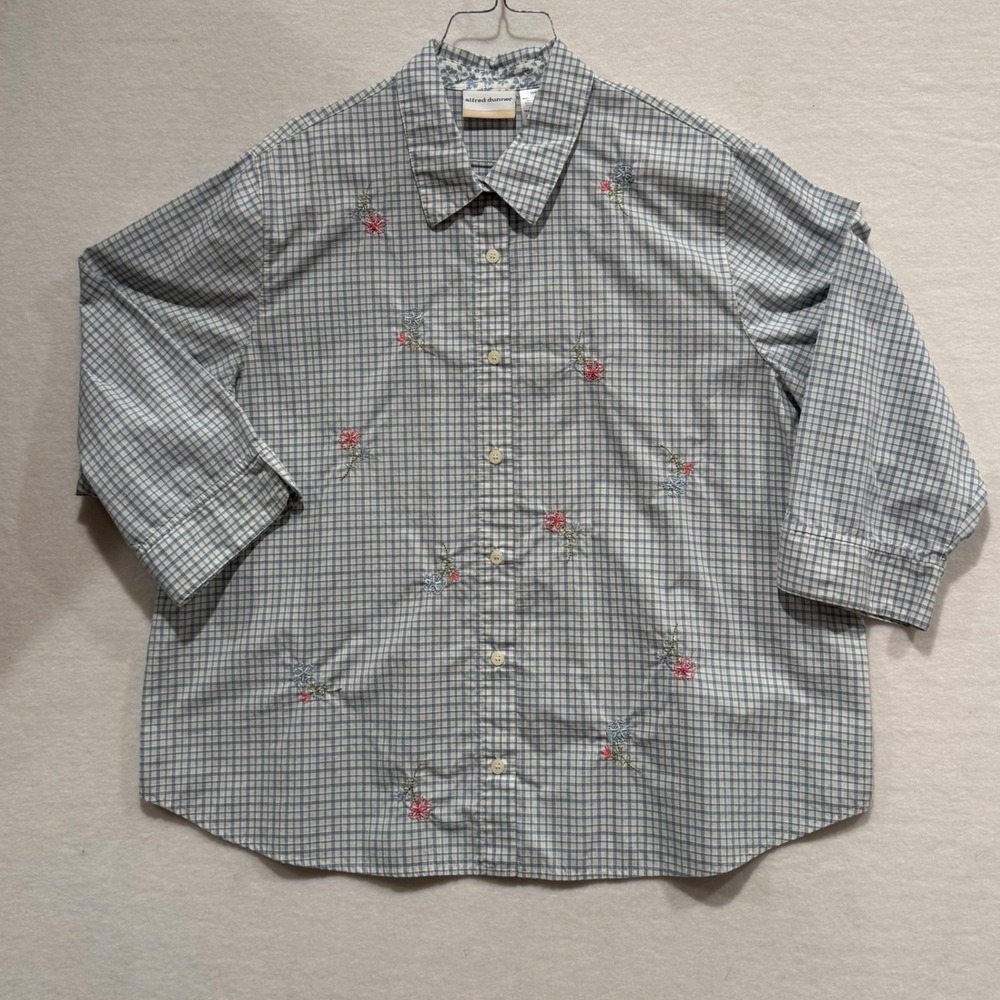Alfred Dunner Granny Core Blue Gingham Floral Embroidered Button Down Shirt 20W